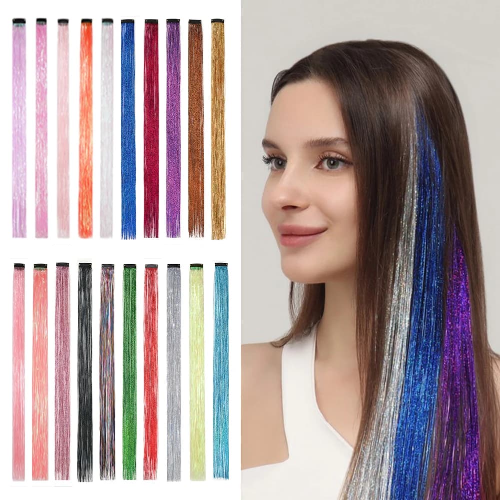 Synthetic Tinsel Hair Clip 22 inches Colorfull Tinsel Hair Extensions 5 pcs/pack for women girls Christmas New Year's Gift