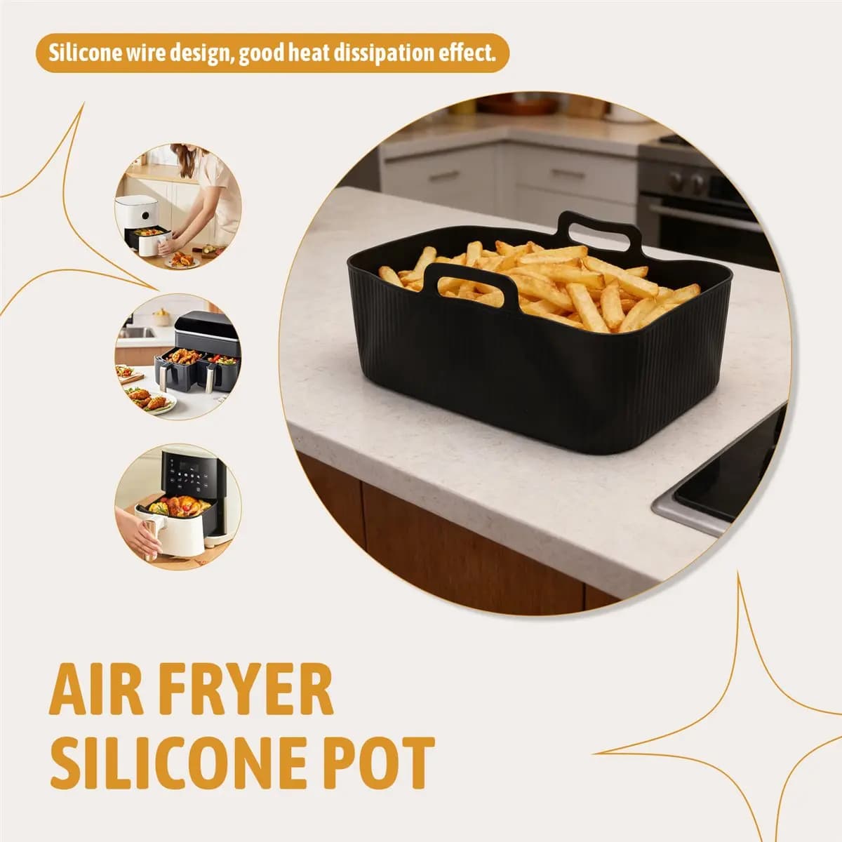 (A64E) Set di 2 Vaschette in Silicone per Friggitrice ad Aria, Riutilizzabili, Pieghevoli, con Manici, Colore Nero