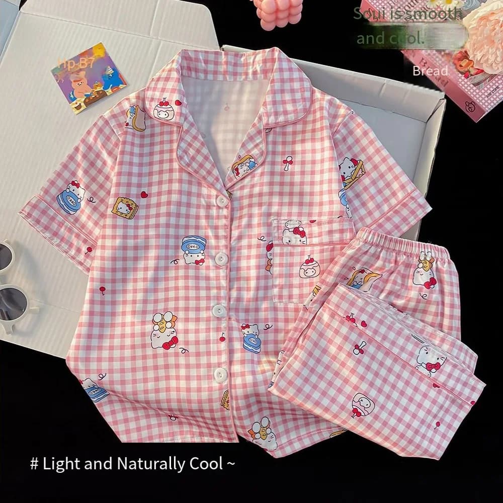 Set pigiama da donna Hello Kitty Cinnamoroll, 2 pezzi, maniche corte, in raso di seta a quadretti, stampa carina, stile Y2K, casual, per casa e relax.