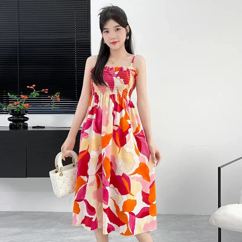 Abito longuette senza spalline rinted floreale chic Donna Estate Nuovo abito a-line dimagrante con fionda 2025 Abito casual ampio con vocazione Bohemian