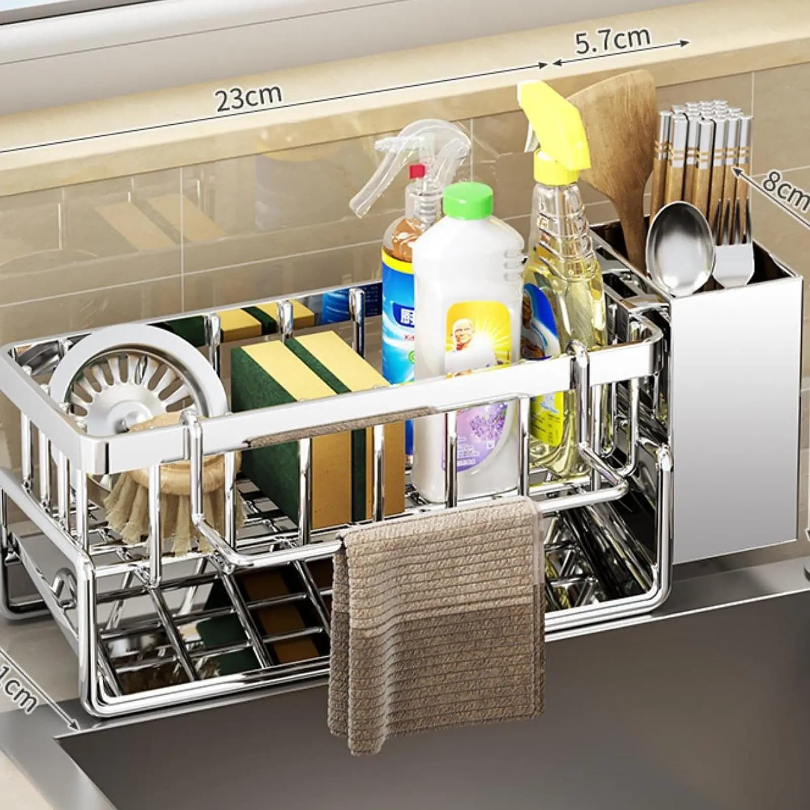 Organizzatore per Scarico Lavello Cucina, Dispenser Sapone, Portaoggetti Multifunzione, Scolapiatti per Piano di Lavoro Ristorante
