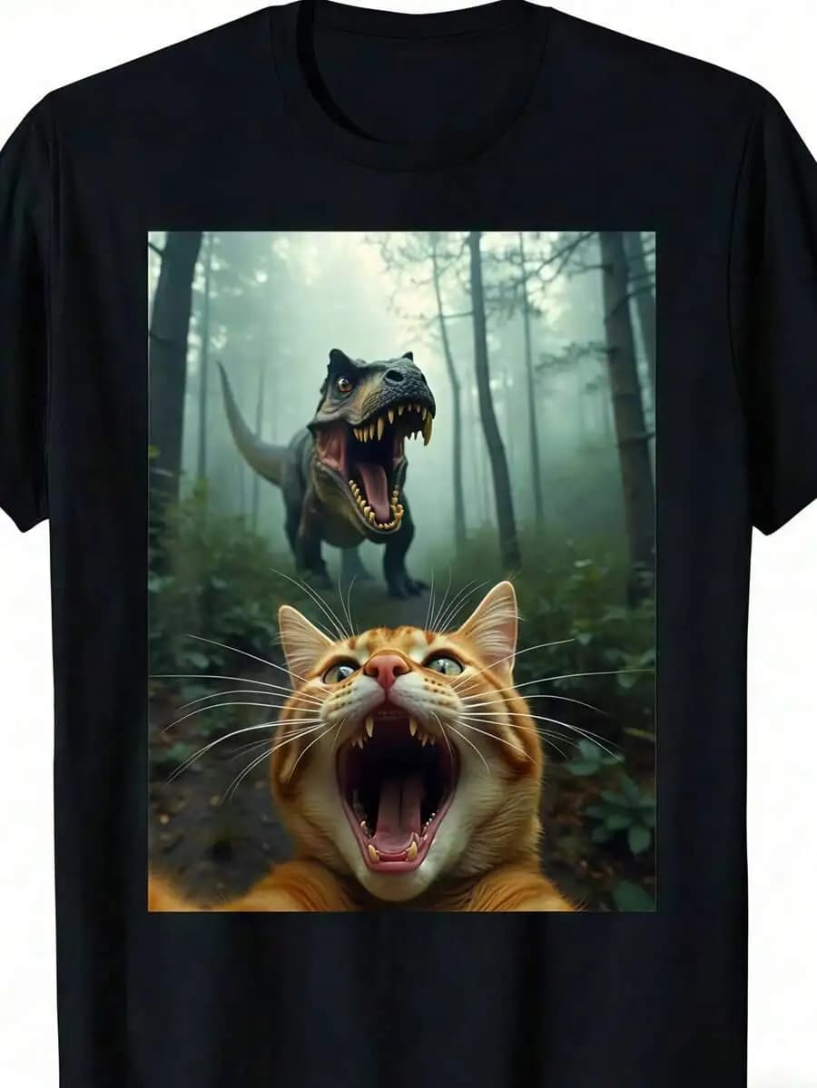 Cat Selfie With T-Rex Dinosaur T-Shirt 100% Cotton Trendy Y2K Short-Sleeve Tee-Soft, Quick-Drying, Moisture-Wicking, Great Gift for Christmas or Halloween.