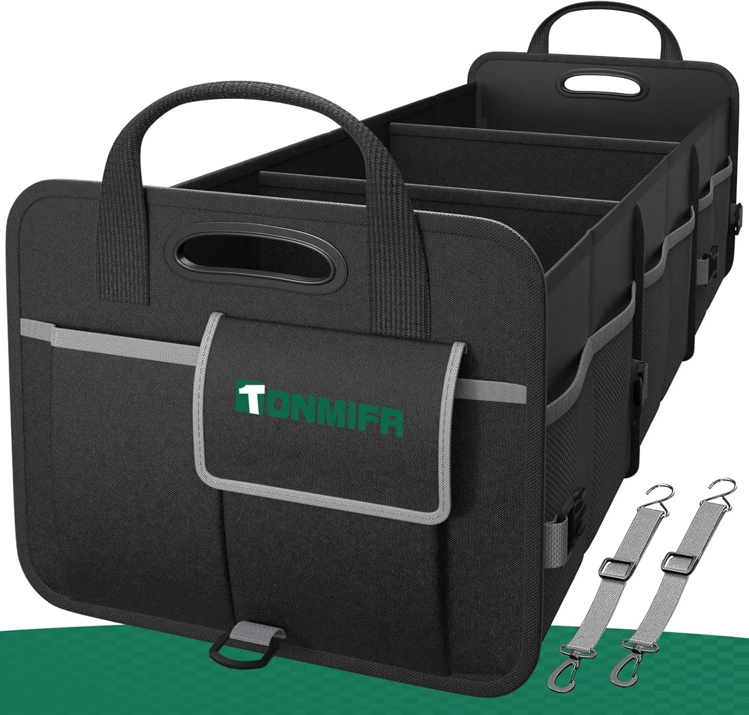 Large Capacity Car Trunk Organizer, Waterproof Storage Box with Hooks & Reflective Strips for SUV Sedan Minivan