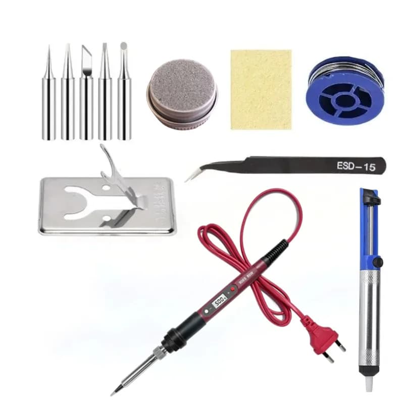 Kit saldatore da 80W con temperatura regolabile, display LCD, strumenti per saldatura, punte in ceramica, pinzette e filo per saldatura