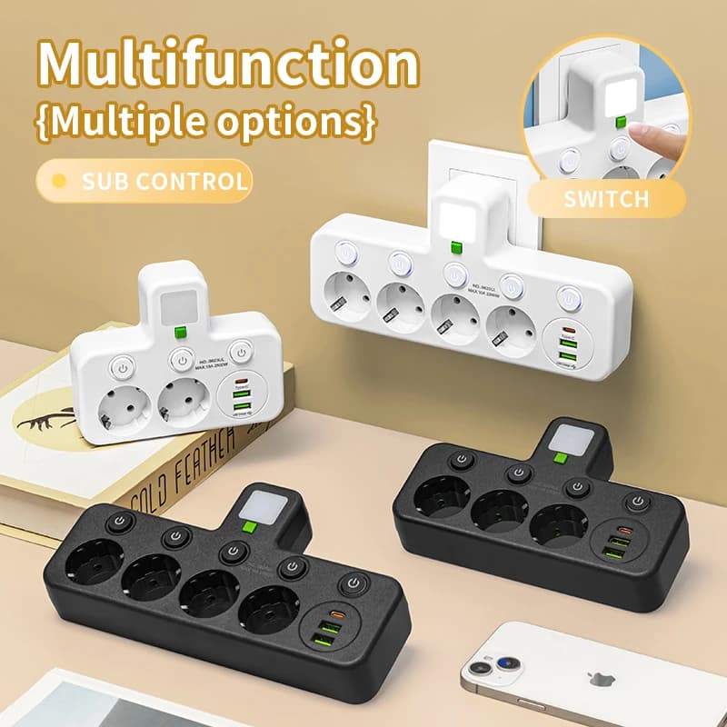 Multi-faceted with EU Plug, AC Grip, Electric Extension Cable with USB Type C, Quick Charging PD, Network Filter and Adapter