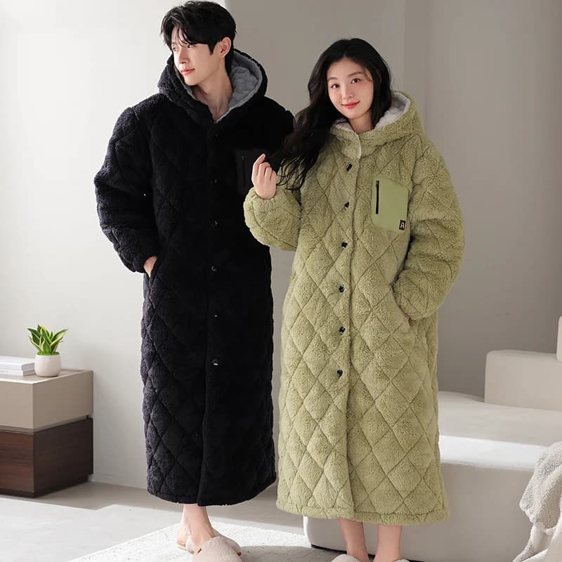 Pigiama invernale con cappuccio per coppia, set pigiama in cotone spesso caldo a 3 strati con clip, casual morbido, donna, uomo, abbigliamento per la casa