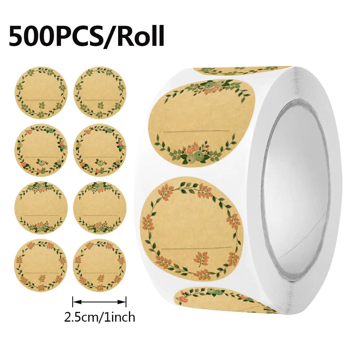 JCAC 500pcs/roll Blank Writable Floral Kraft Paper Stickers, for Baking & Gift Decoration, Self-Adhesive Labels