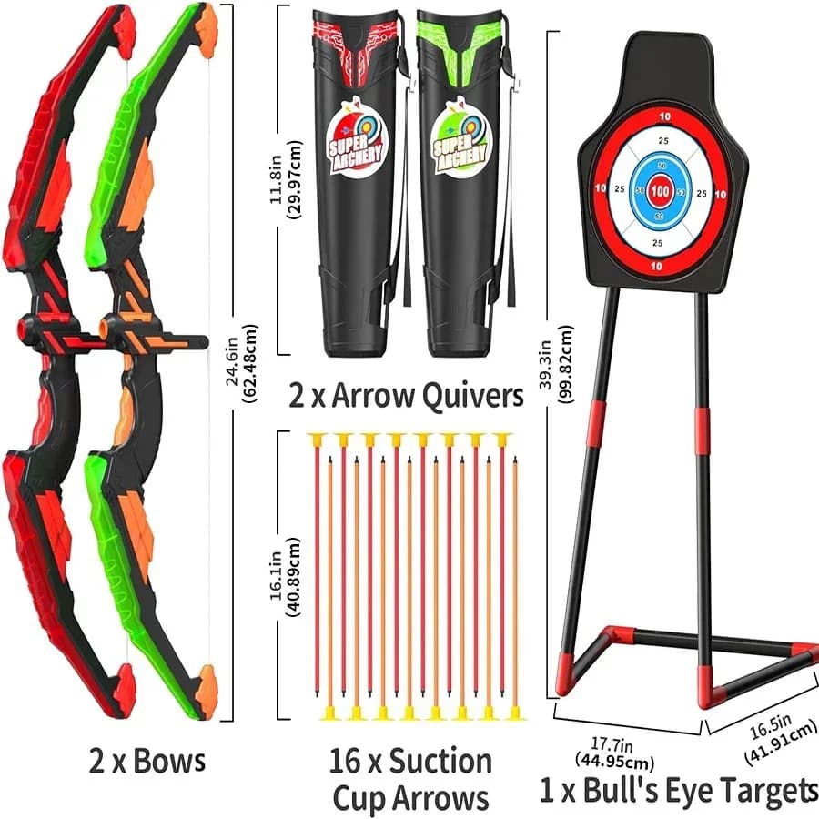 MQUDUO Dual Archery Practice Set with Light Up Bows, Round Target Board and Suction Arrows for Holiday Game Gift