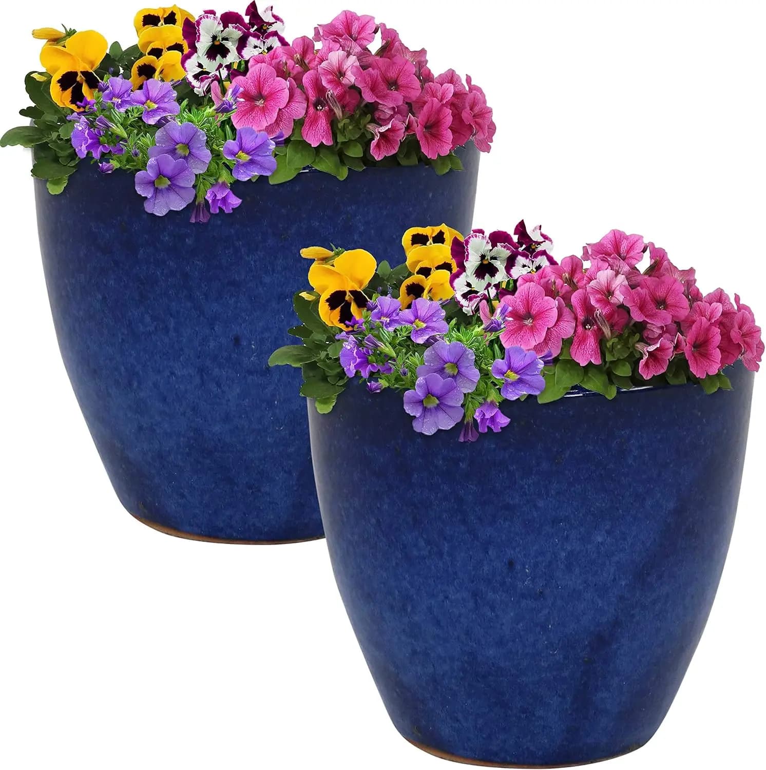 Vaso in Ceramica Rotondo Sunnydaze Resort - Set di 2 Vasi per Piante da Interno o Esterno con Foro di Drenaggio - 8 Pollici - Smalto Blu Imperiale