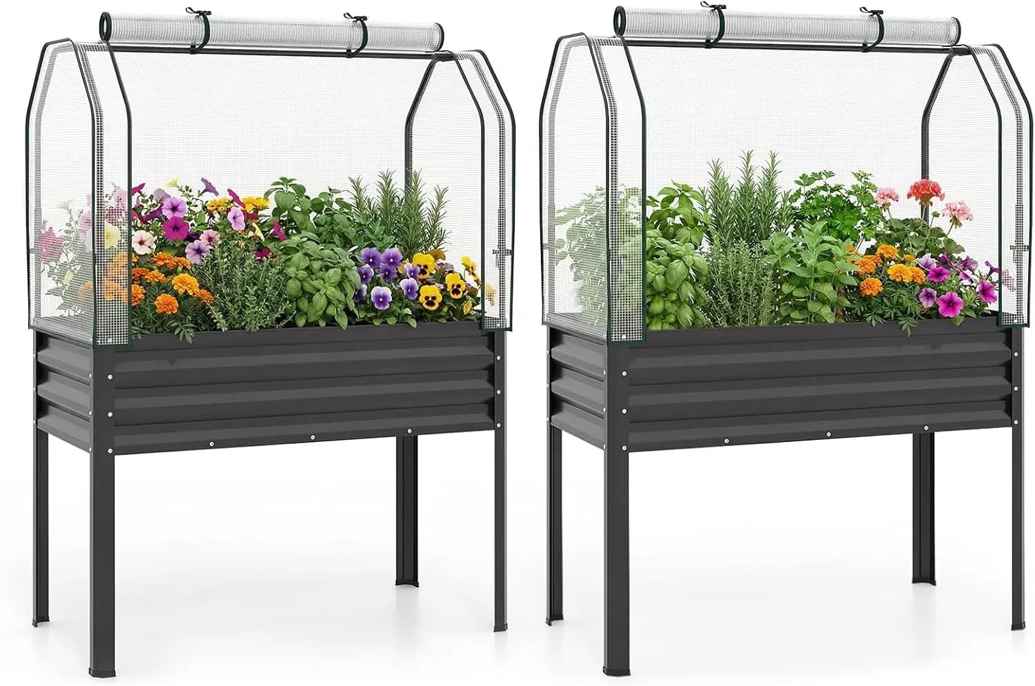 Elevated Metal Raised Garden Bed Outdoor Planter Box, Large Mobile Plant Pot Gardening Container With Mini Greenhouse Cover, Standing Vegetables Flowers Herb Planting Kit For Patio Balcony, Black Two Pieces Set