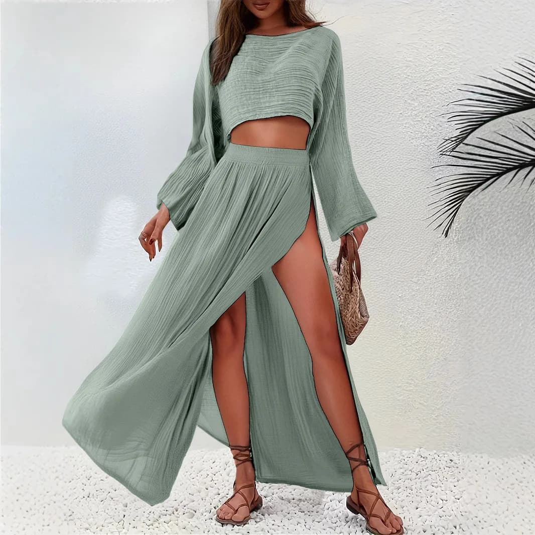 Skirts Set Linen Blended Short Top Casual Solid Skirt Sets Vacation High Waist Split Skirt Beach Bikini Coverup Lady Party Top