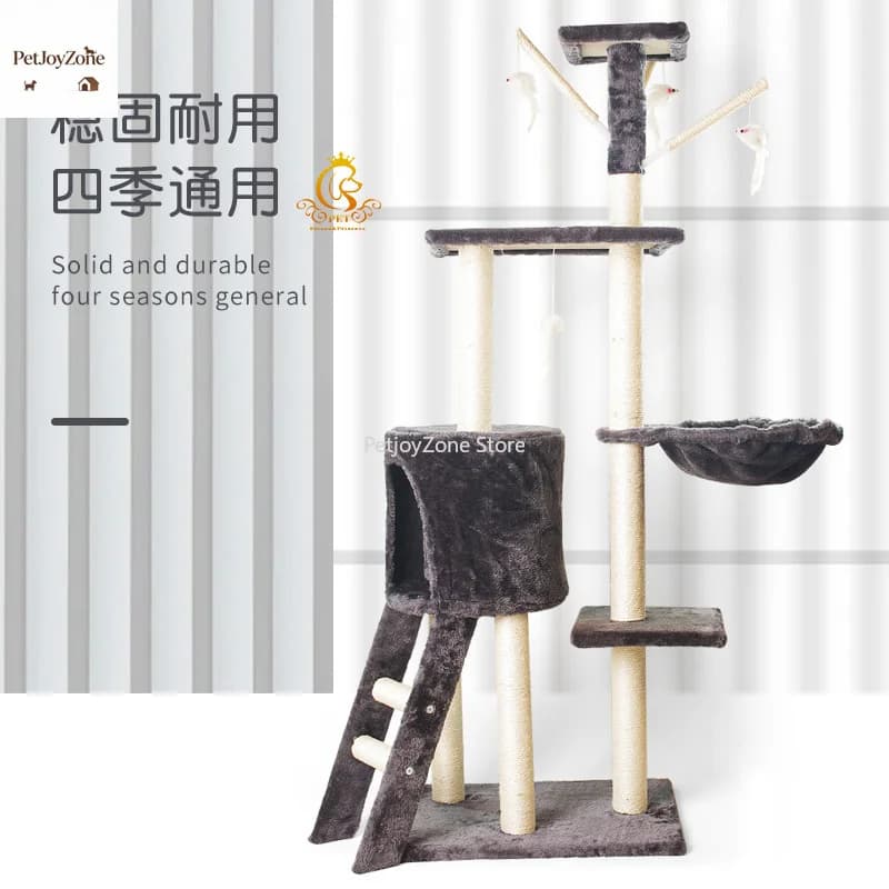 PetJoyZone Lussuoso Tiragraffi Grigio per Gatti con Letto, Postazione Arrampicata e Cuccia Naturale - Grande Albero per Gatti