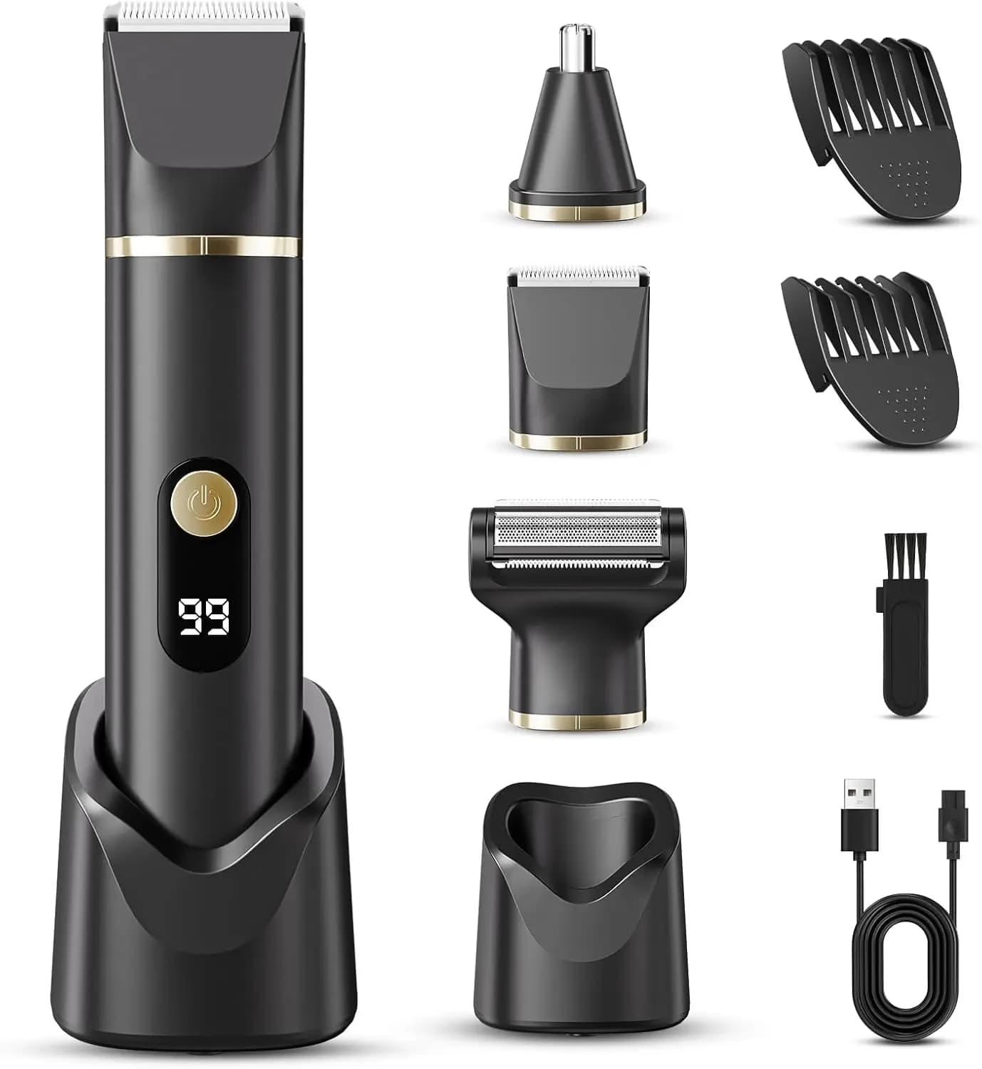 Regolabarba impermeabile IPX7 da uomo, rasoio elettrico per la cura del corpo, utilizzo bagnato/asciutto su inguine, naso, orecchie, gambe, petto - Nero