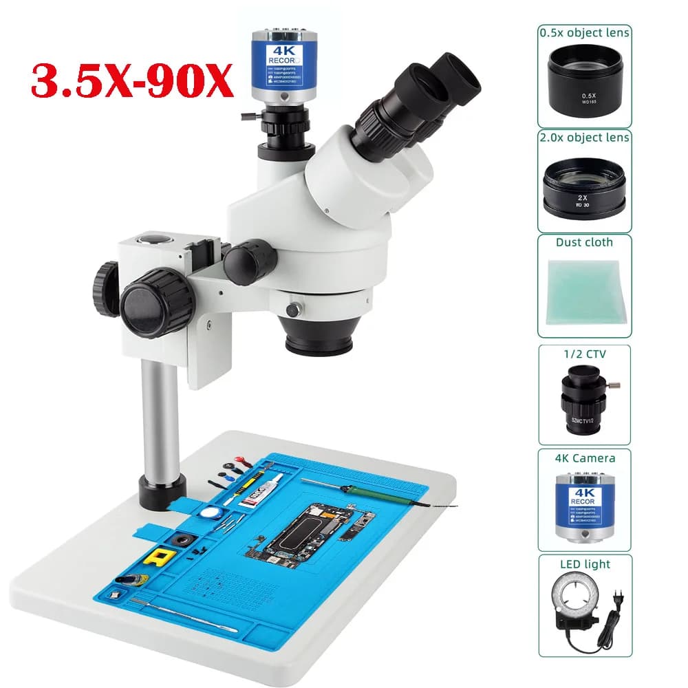 Set Microscopio Trinoculare Stereo Simul-Focal 3.5X-90X Full 4K HD con Videocamera Digitale per Riparazione PCB e Telefoni con Supporto