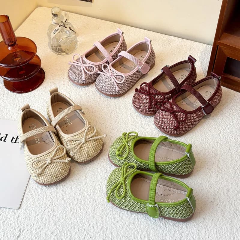 Scarpe da Principessa Primavera-Estate 2026 per Bambine, Eleganti e Traspiranti, Casual con Fiocco Decorativo, Modello Mary Jane Intrecciato, Rosa e Verde