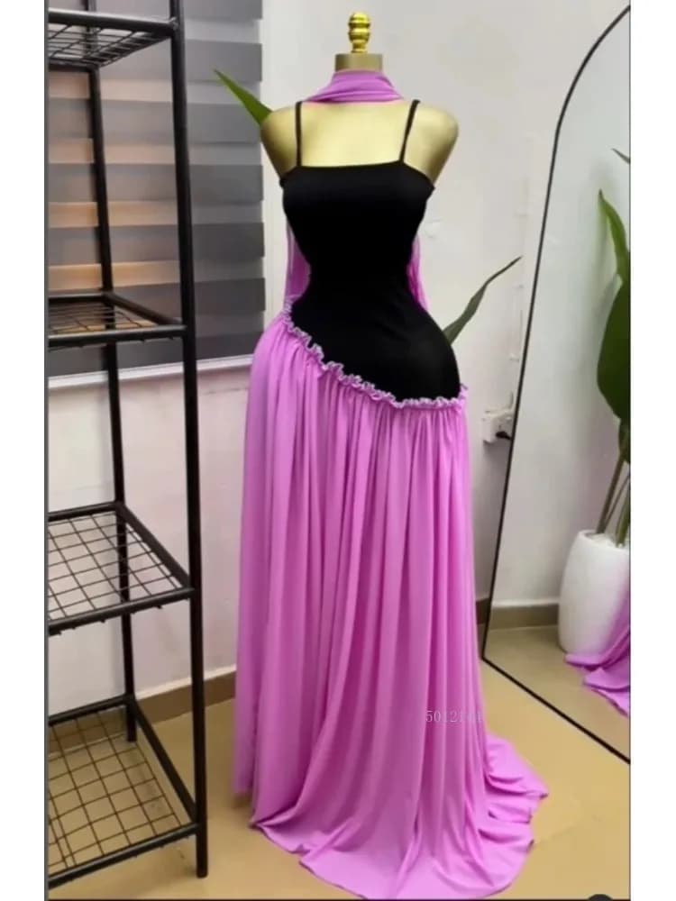 Elegant Women Sleeveless Strap Patchwork Ruffles A-line Long Dress with Scarf 2026 Street Beach Evening Birthday Party Dresses