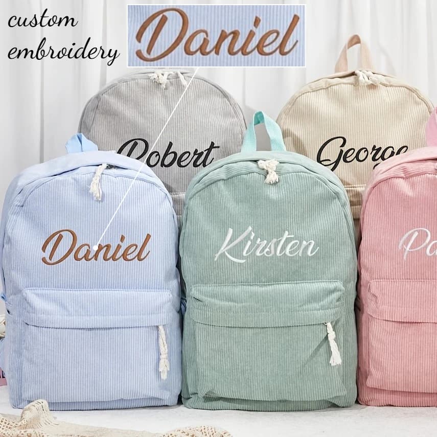 Custom Embroidery Name Corduroy School Bag Personalized Bag Charm Teen Girls Boys Travel DIY Stitch Art Rucksack