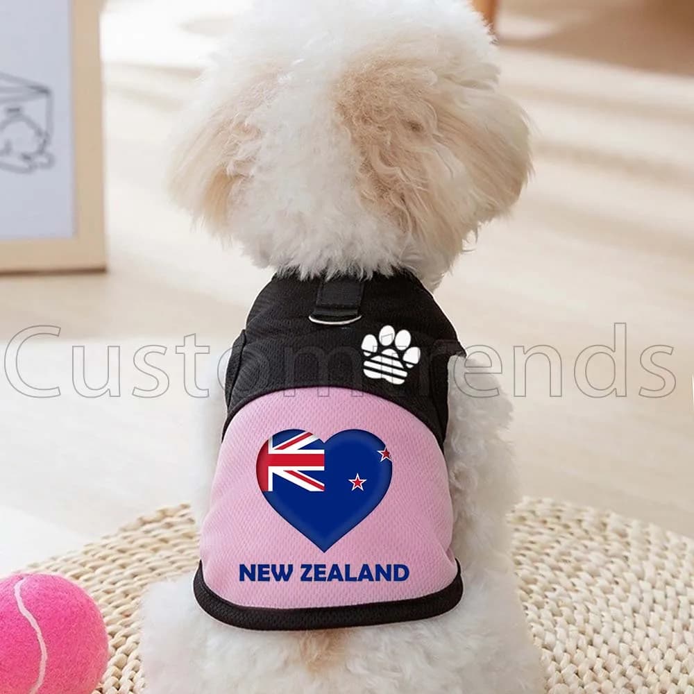 Pettorina a rete con bandiera a cuore della Nuova Zelanda per cani e gatti, abbigliamento per gattini, gilet primaverile/estivo per cani con anello a D per guinzaglio