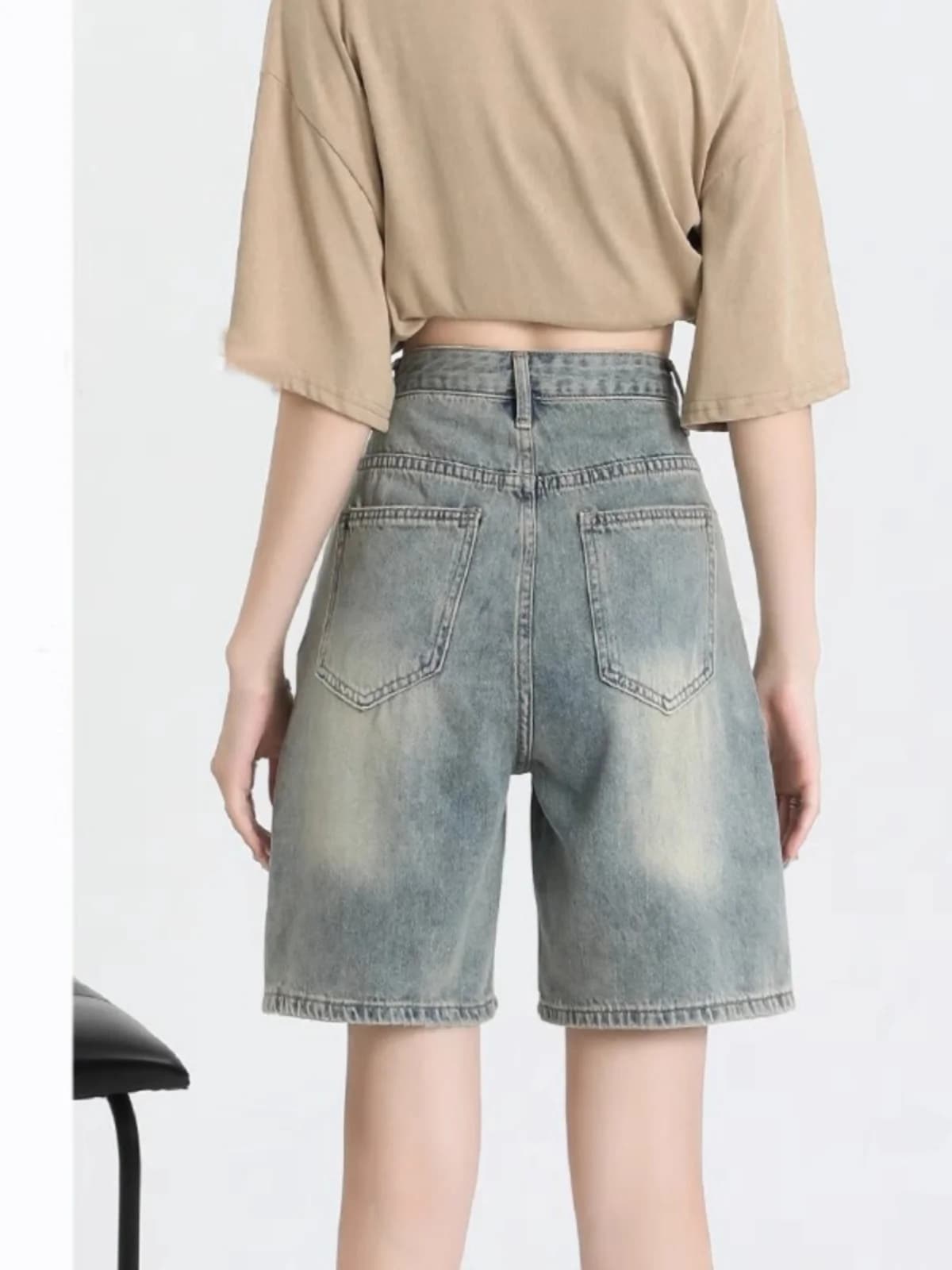 Shorts in denim distressed a vita alta da donna, taglie forti, casual, larghi, a gamba dritta, blu, lunghezza a cinque quarti, con chiusura a cerniera