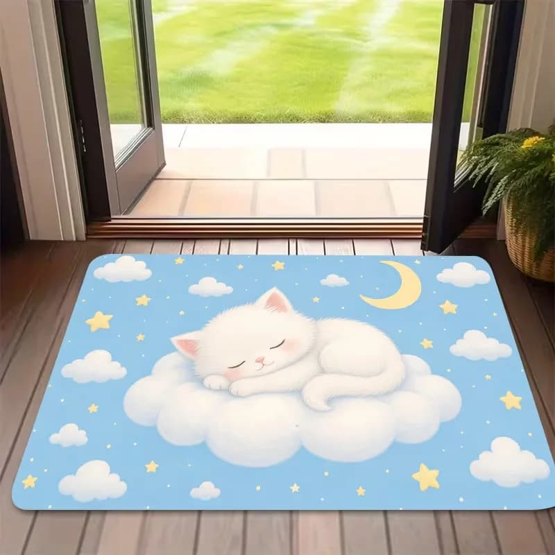 Cute Sleeping Cat Cloud Moon Star Print Doormat Anti Slip Floor Mat Kawaii Pastel Front Door Mat Bedroom Entry Rug