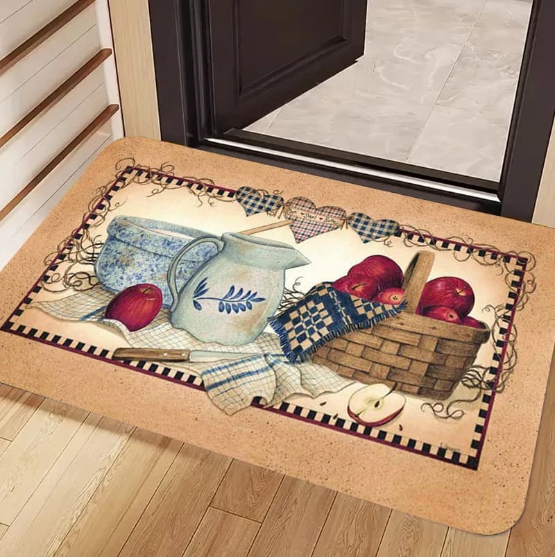 Tappetino Vintage con Motivo Cesto di Mele e Brocca Blu, Stile Rustico, per Cucina o Ingresso, con Cuori a Quadretti, per Arredamento Casa