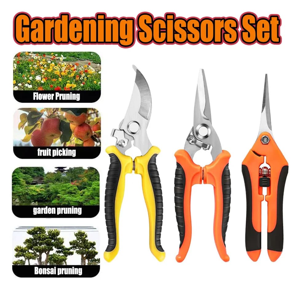 Set of gardening scissors from 3 pieces Ergonomic anti-slip handles pruning shears with safety lock Gardening set for beginners Can cut roses and more!
