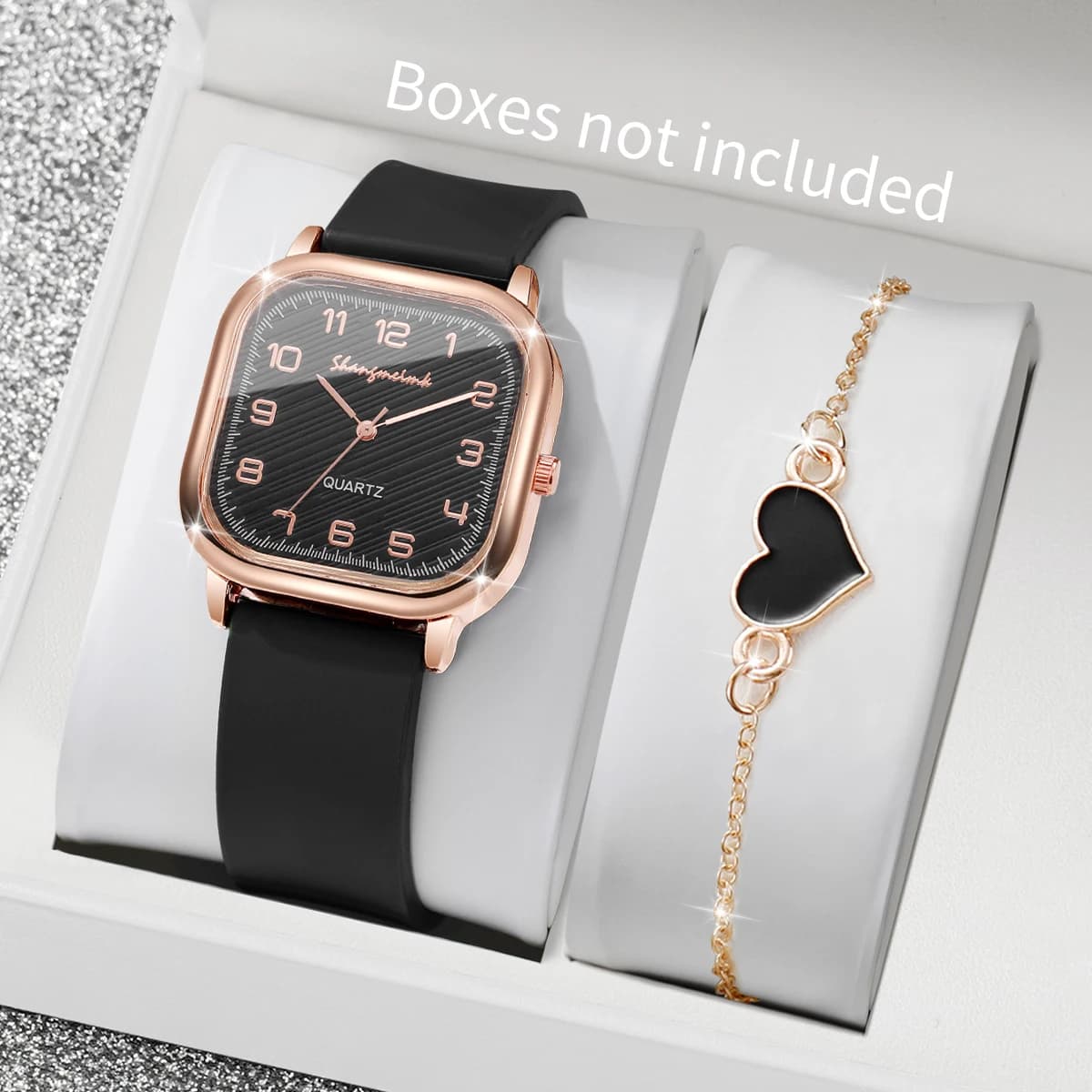 2 pezzi/set orologi da donna quadrati alla moda, cinturino in silicone casual, orologio al quarzo, set di braccialetti a forma di cuore, Reloj Mujer (senza scatola)