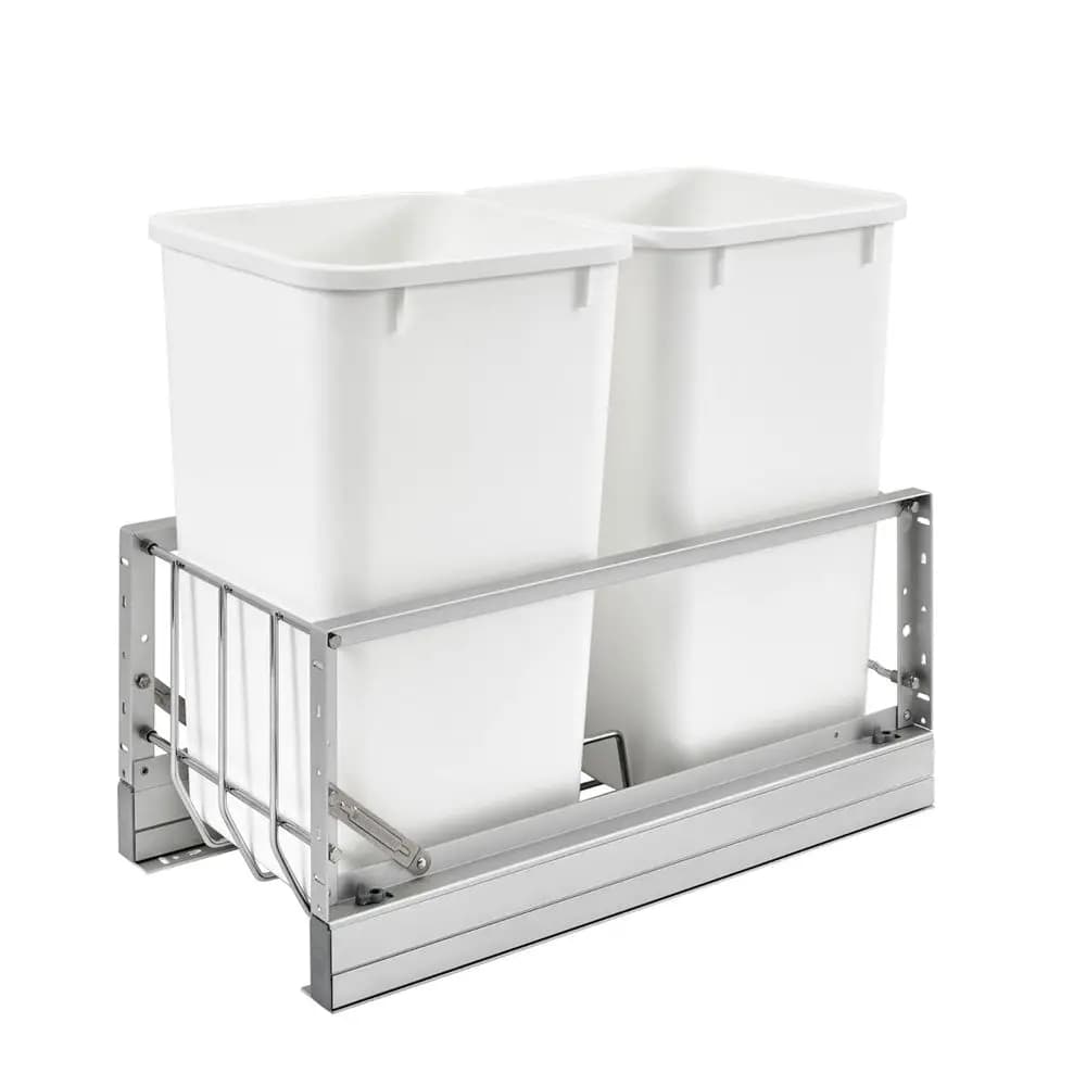 Contenitore per rifiuti a doppio estrattore per cucina o mobile base, pattumiere da 27 Qt con guide scorrevoli a chiusura ammortizzata, Argento e Bianco, 5349-1527DM