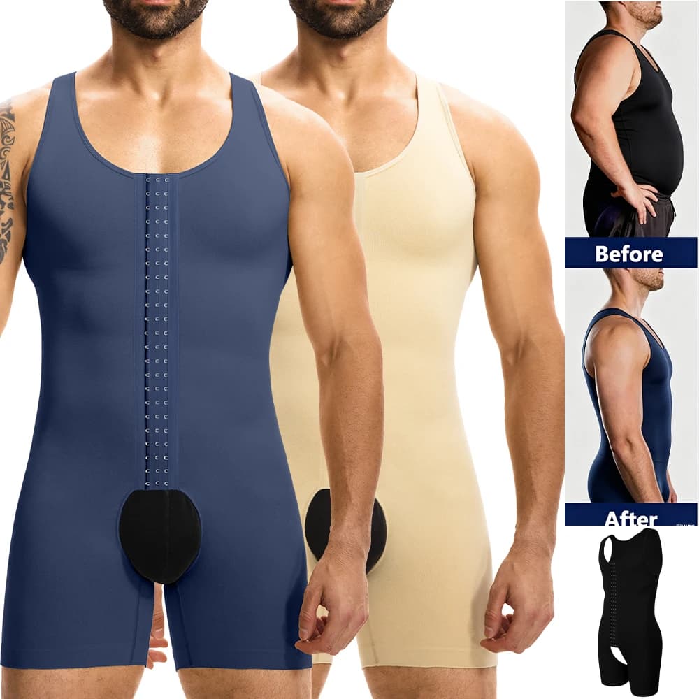 Body modellante compressivo senza maniche da uomo, con controllo pancia, gilet snellente, 3 ganci a fila, intimo con cavallo aperto per uso quotidiano