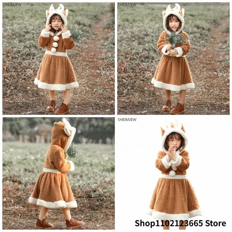 2026 Cute chica Elk Reindeer Costume Warm Dress Coral Fleece Dress Christmas Role Playing Costume Enfant Home Pajama Set