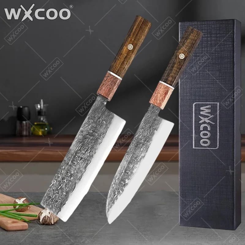Coltelli da Cucina Professionali WXCOO Martellati con Scatola, Coltello da Chef Giapponese Kiritsuke, Lama Affilata per Frutta e Verdura