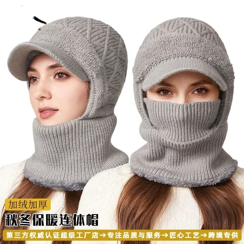 ‌Women Winter Knitted Hood Hat with Face Mask Thermal Knitted Hats Scarf for Cycling Skiing Outdoor Sports Windproof Beanies