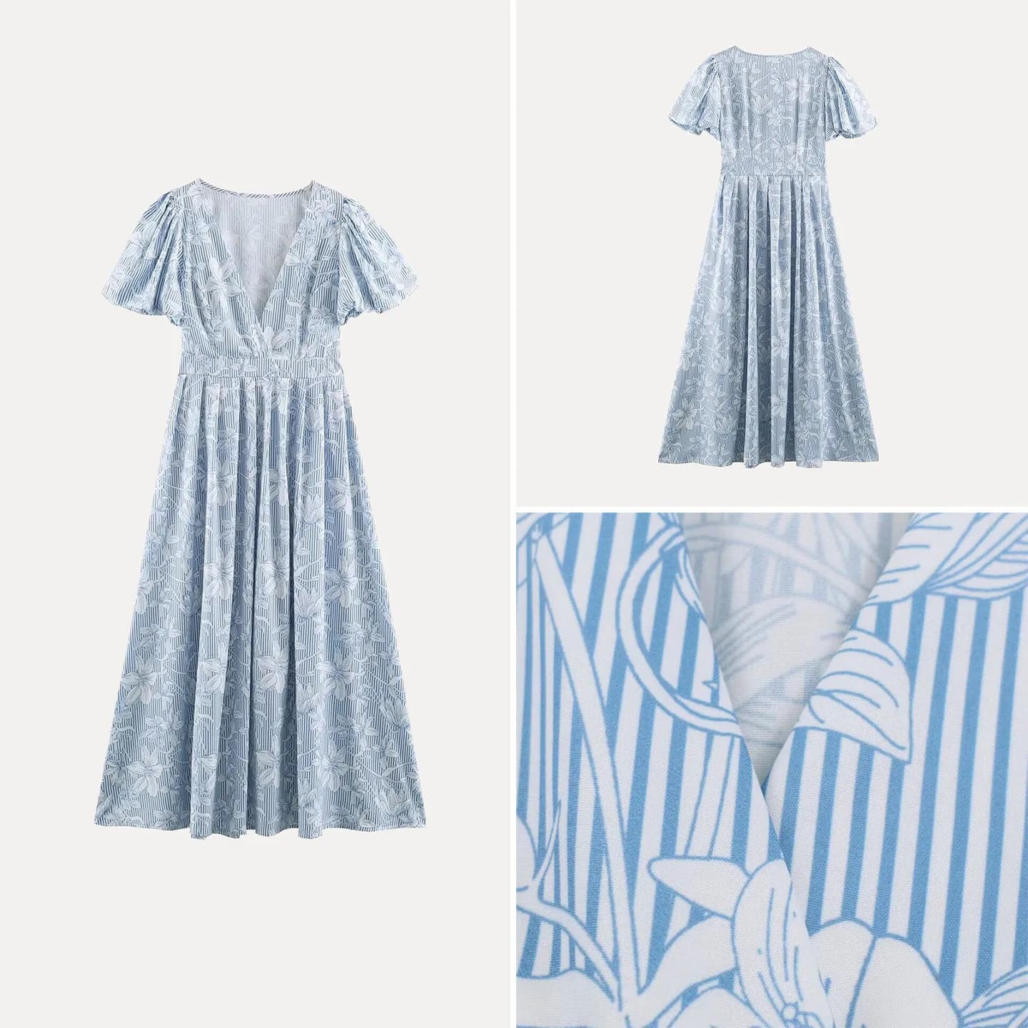 Women's Fashion Loose Short Sleeve V-Neck Bubble Sleeve Long Dress Spring Summer Autumn Casual Style A-Line Skirt Side Zipper