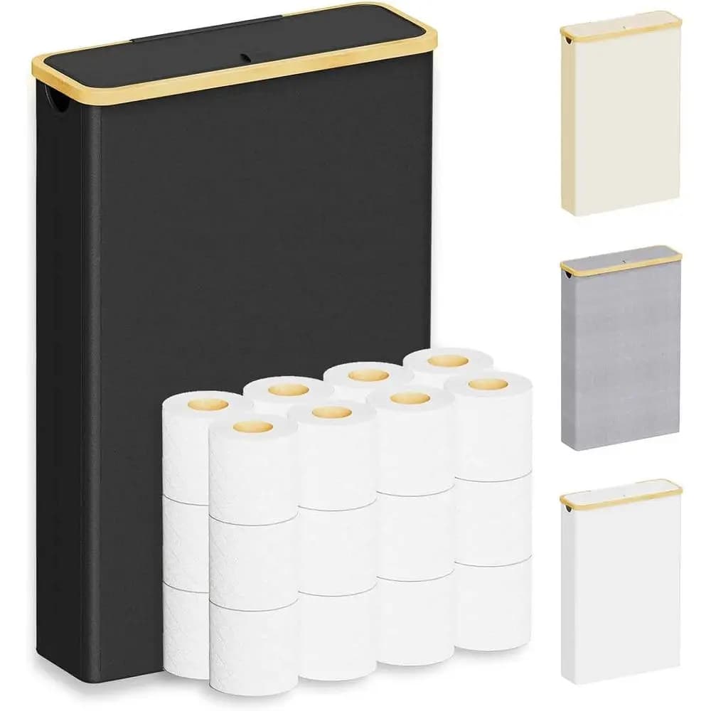Large Capacity Toilet Paper Holder with Lid, Fits 24 Regular or 18 Mega Rolls, Slim Design, Black Bathroom Organizer