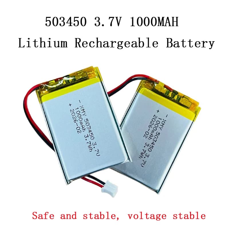 Lithium Polymer Rechargeable Battery 503450/523450 3.7V 1000mAh with PH2.0-2P Connector for GPS, Smartphone, DVD, MP5