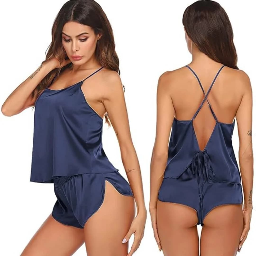 Silk Pajamas Set for Women Satin Backless Lingerie Pjs Cami Top and Shorts Nightwear Sexy Satin Lingerie Pjs Cami Top