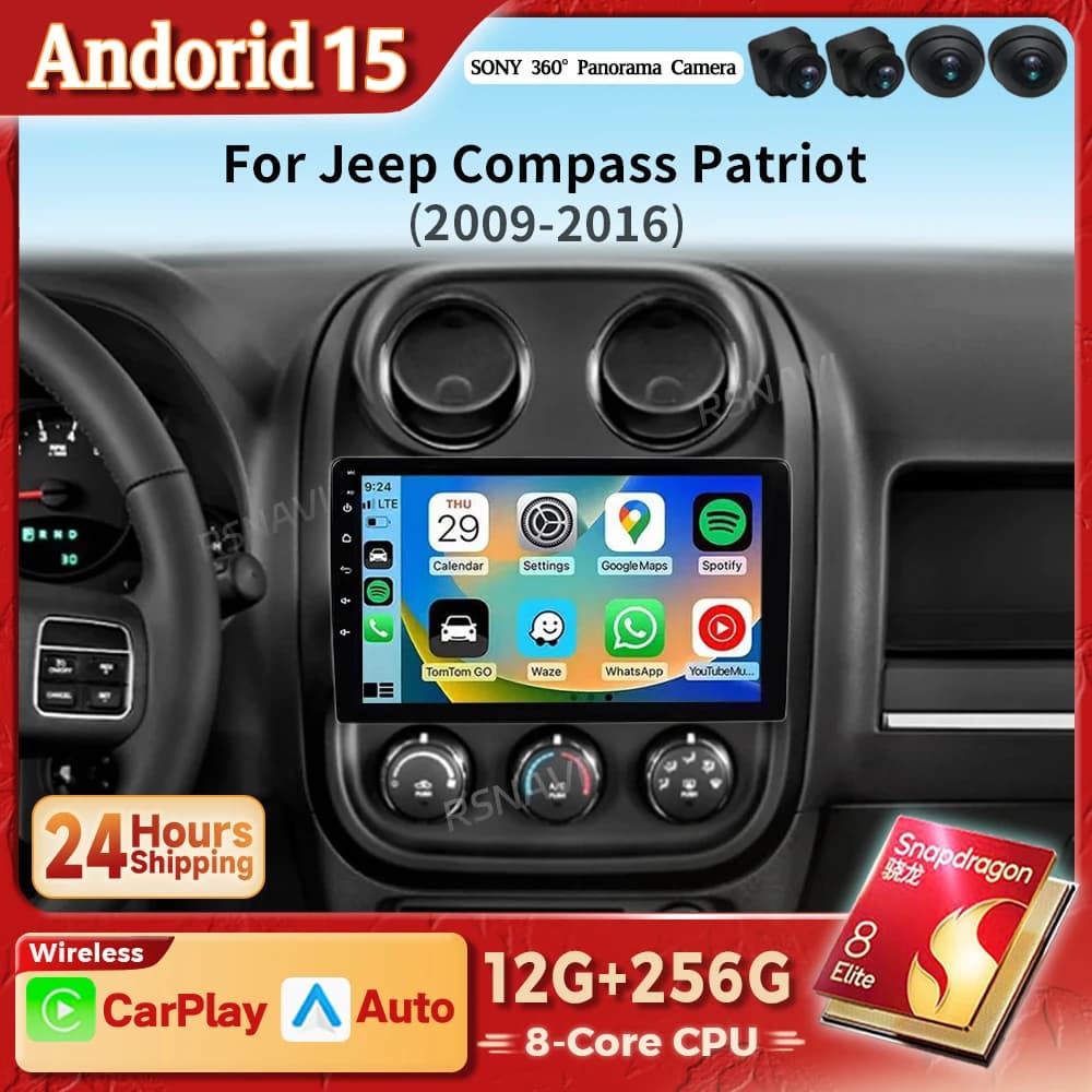 Android 15 Carplay Auto QLED Schermo Autoradio Lettore Multimediale Per Jeep Compass Patriot 2010 - 2016 Video DVD GPS BT Snapdragon