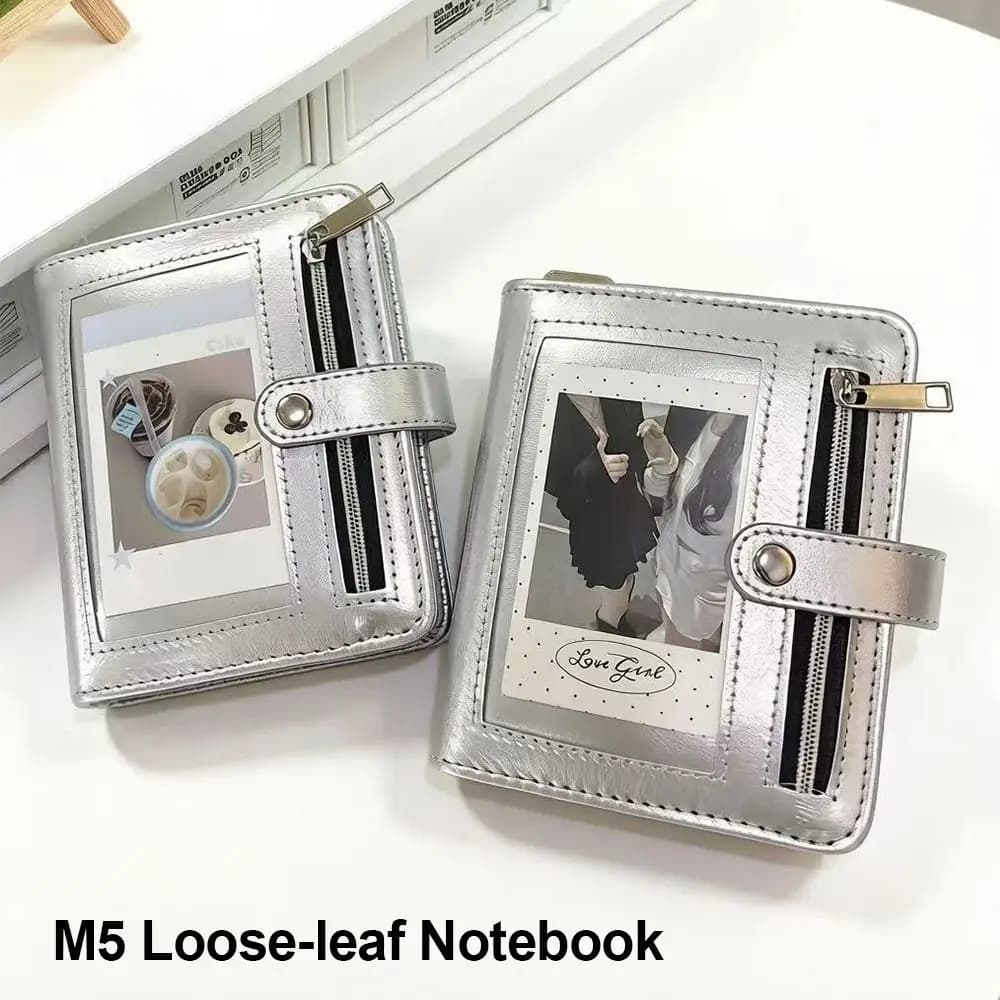 Portable PU Leather Binder Notebook 5-Ring Loose-Leaf Detachable Pocket Journal with Photo Window Note Pad School Office