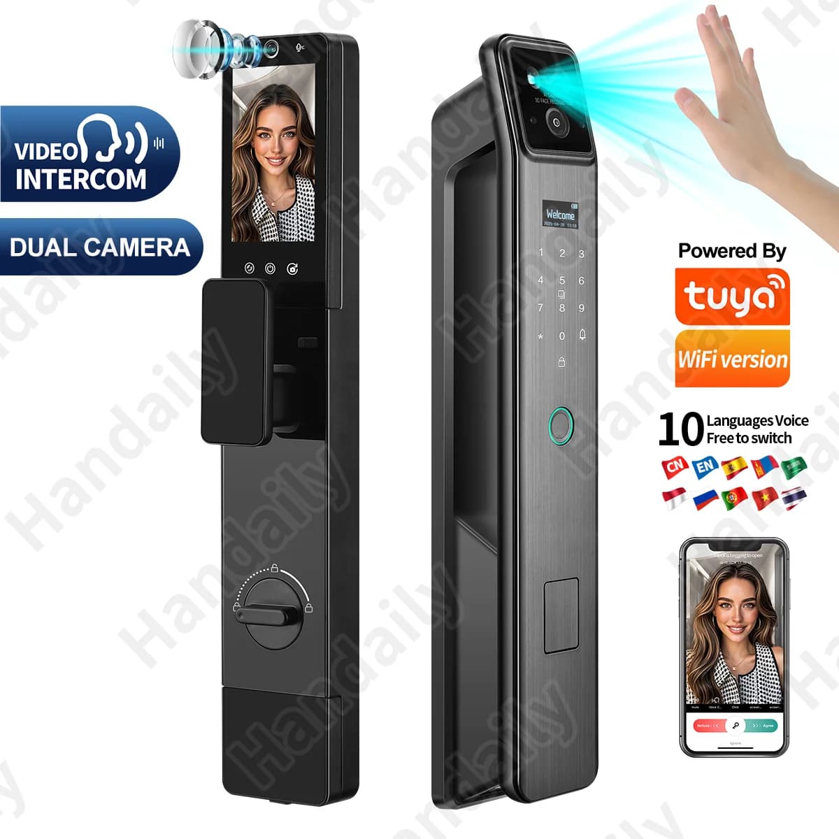 HANDAILY Factory Tuya Smart Lock con 2 telecamere Voce russa 3D Face Recognition Card Impronta digitale Palm Sblocco per porta principale
