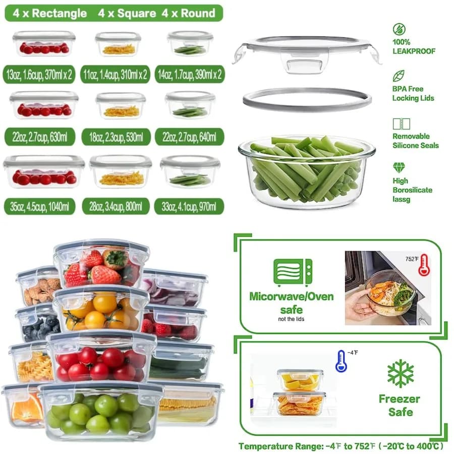Set di 24 Contenitori in Vetro per Alimenti con Coperchi, Contenitori in Vetro per Preparazione Pasti, Scatole Bento Ermetiche, Senza BPA e a Prova di Perdite, per Dispensa