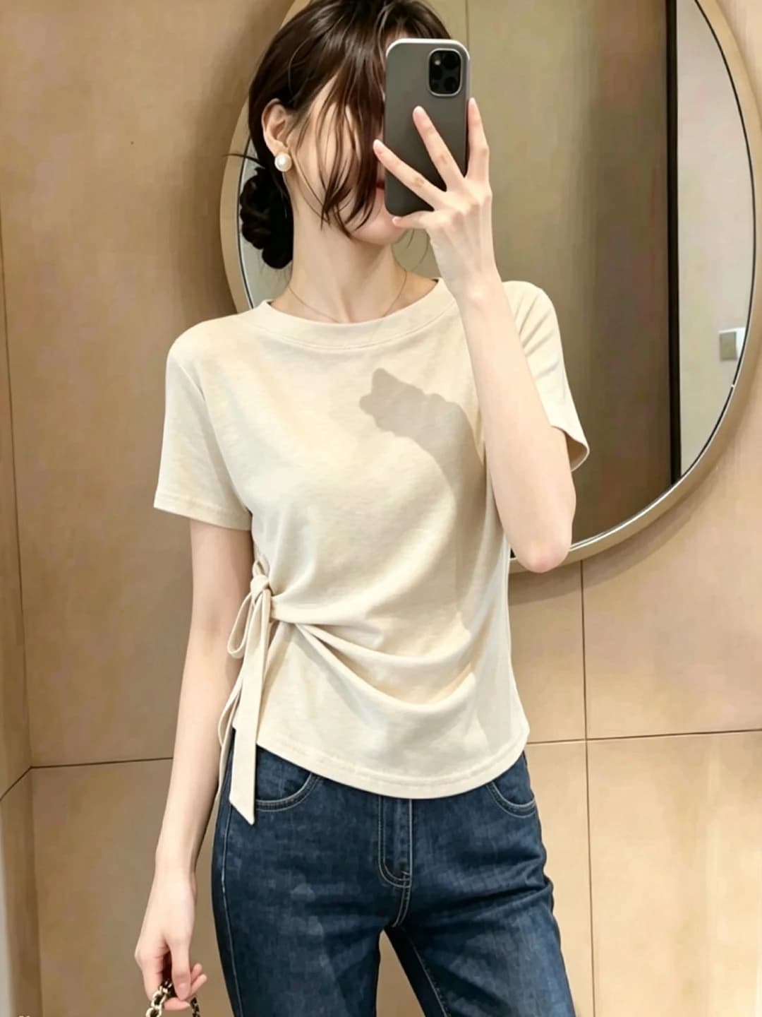 Slim Fit Short Sleeve T-Shirt Women's Summer plus Size Conceal Belly Tie Waist Korean Style Commute Creative Pattern
