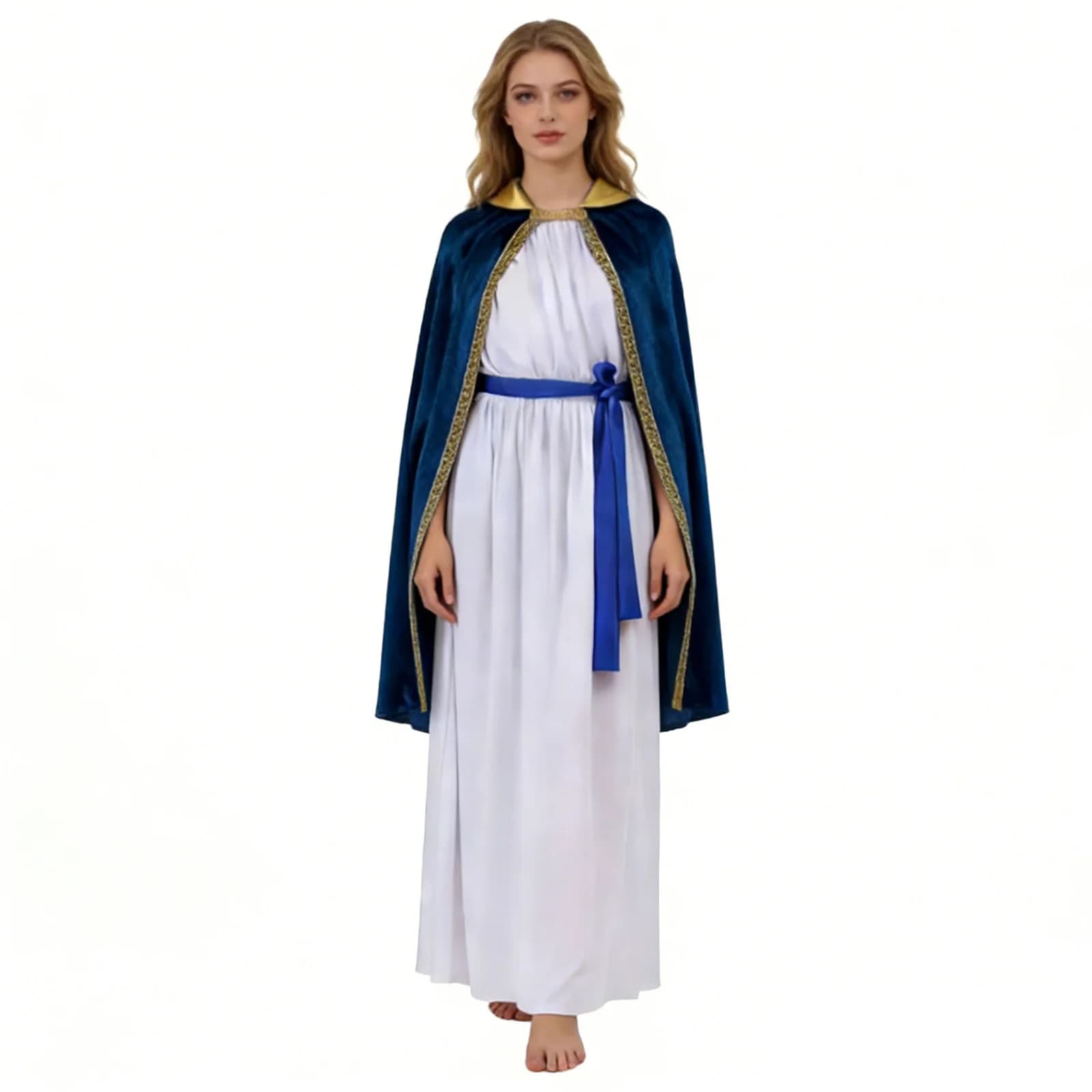 Costume da Donna per Adulti della Vergine Maria, Abito Tunica con Cintura, Mantello con Finiture in Broccato per Halloween ed Eventi in Maschera