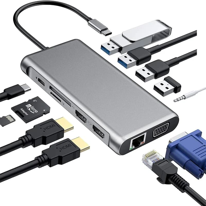 Docking Station 12-in-1 Type-C a Doppio HDMI e VGA, Mirroring ed Estensione, Hub USB per Laptop MacBook