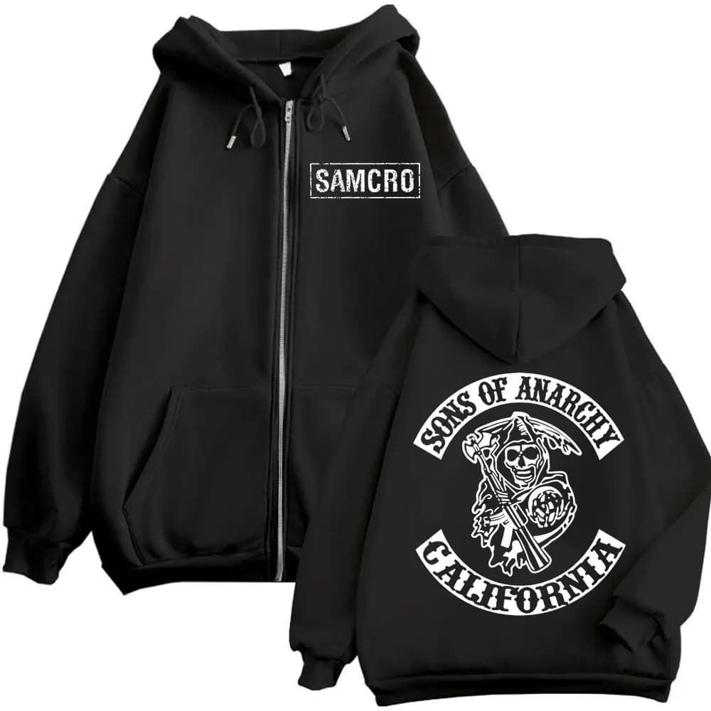 Felpa con cappuccio con cerniera con stampa fronte-retro Sons of Anarchy Felpa con zip vintage gotica da donna da uomo Pullover oversize alla moda casual