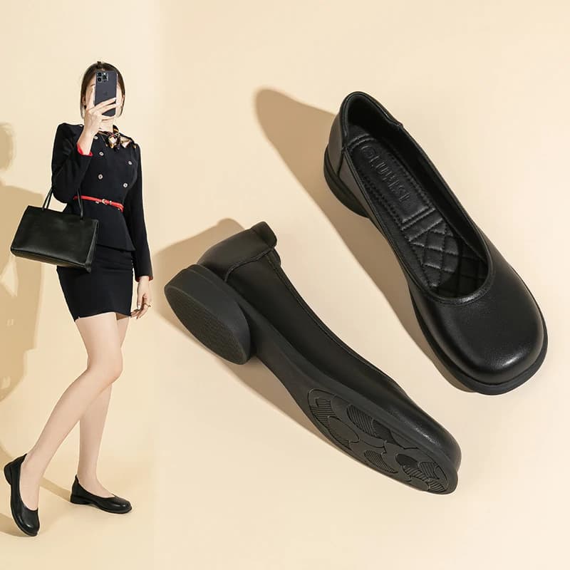 Comfortable round Toe Flat Heel Thick Bottom Ladies Work Shoes Soft Leather Black Work Boots for Long Time Standing