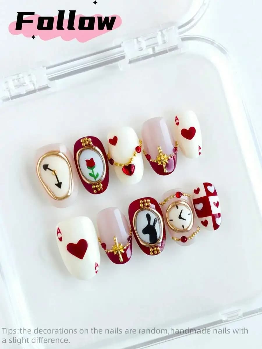 10pcs Short Oval Handmade Press-On Nails,Red Nails,Fake Nails,Gold Nails,Chrome Nails,Luxury Nails,Heart Nails,Bracelet Watch Ca