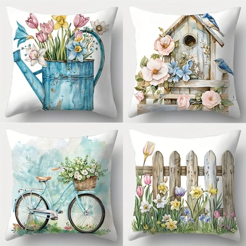 Fodera per cuscino in poliestere con motivo floreale, annaffiatoio, casetta per uccelli, bicicletta, recinzione, cuscini decorativi per divano, cuscino per testiera