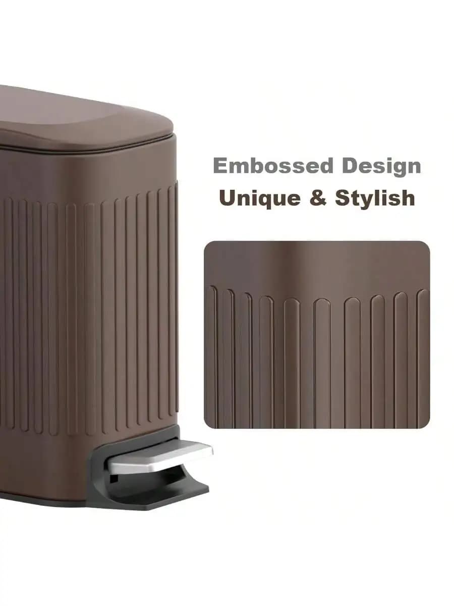 Slim Brown Step Pedal Trash Can With Lid 6L Stainless Steel Wastebasket For Bathroom Office