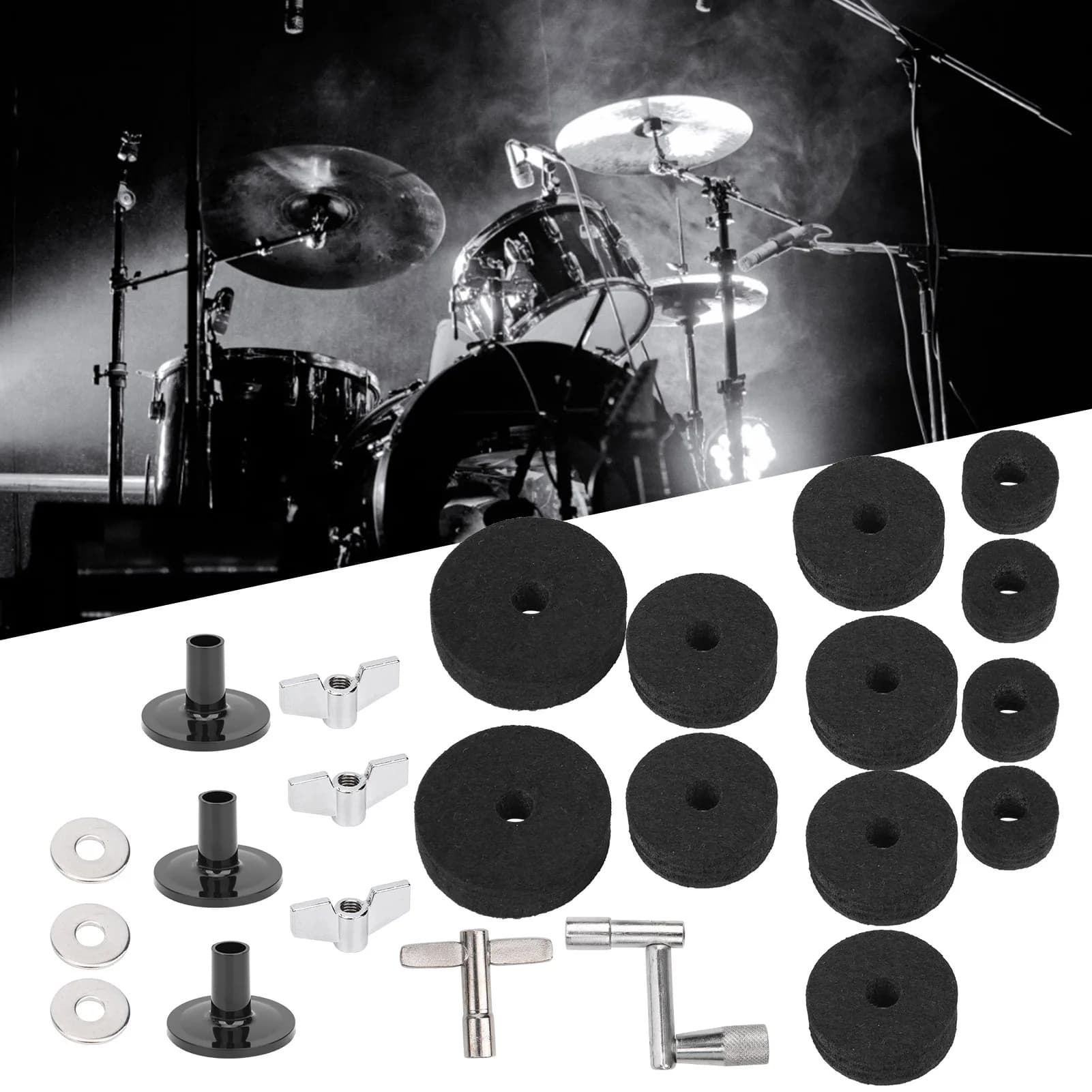 Kit di feltro antiscivolo per piatti e tamburi con base, dadi a farfalla e rondelle - Accessori per percussioni