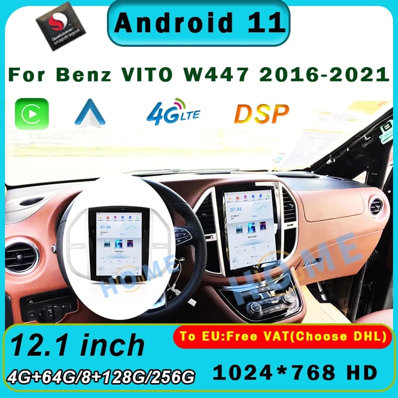 Navigatore GPS Schermo Snapdragon 12.1 "Radio per auto Carplay Android Auto Video Player Stereo Tesla Style Per Benz VITO W447 2016-2021